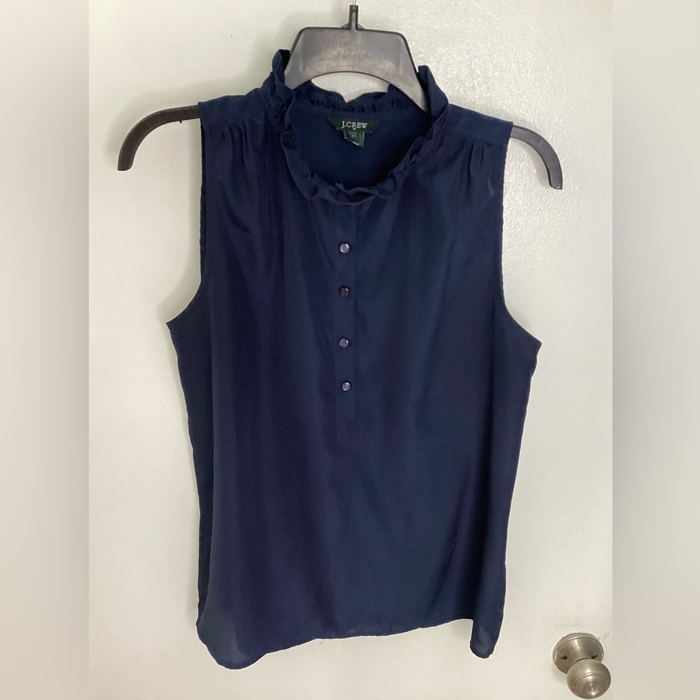 J. Crew Dark Blue Ruffle Neck Blouse 6
